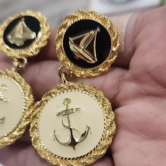 Gold Tone Nautical Anchor Drop Earrings - Picture 2 of 5